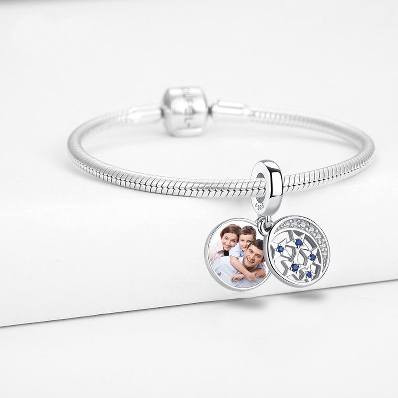 Eleshe personalizado foto grânulo 925 prata esterlina oco estrela redonda balançar charme caber pulseira original diy personalizado jóias