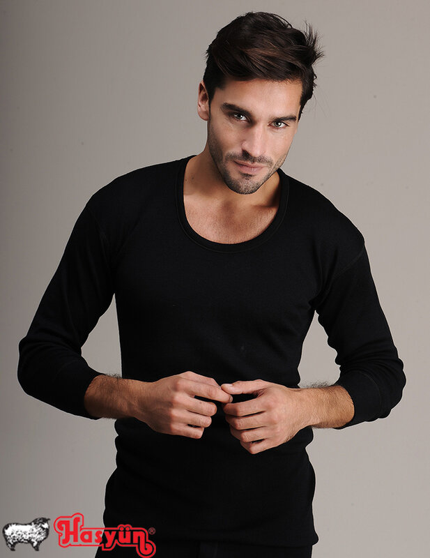 Male Black Wool Long Sleeve Undershirt, Woolmark Blend Certified, Cold Weather For, Extra Soft Australia Merino wool