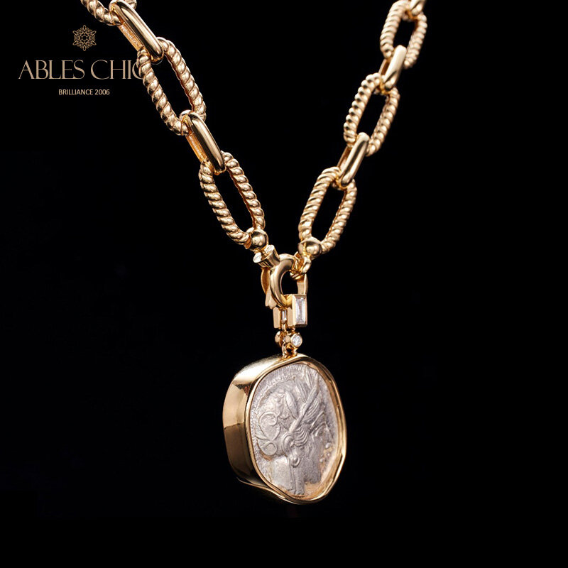 Byzantine 18K ทองโบราณแท้ Lira Athena เหรียญจี้เพชร0.23ct Artifact Reversible Medallion สร้อยคอ46.51G