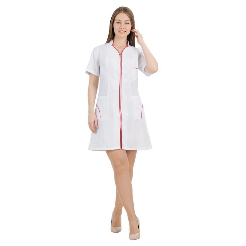 Weibliche medizinische robe ivuniforma silhouette weiß pfirsich rohrleitungen