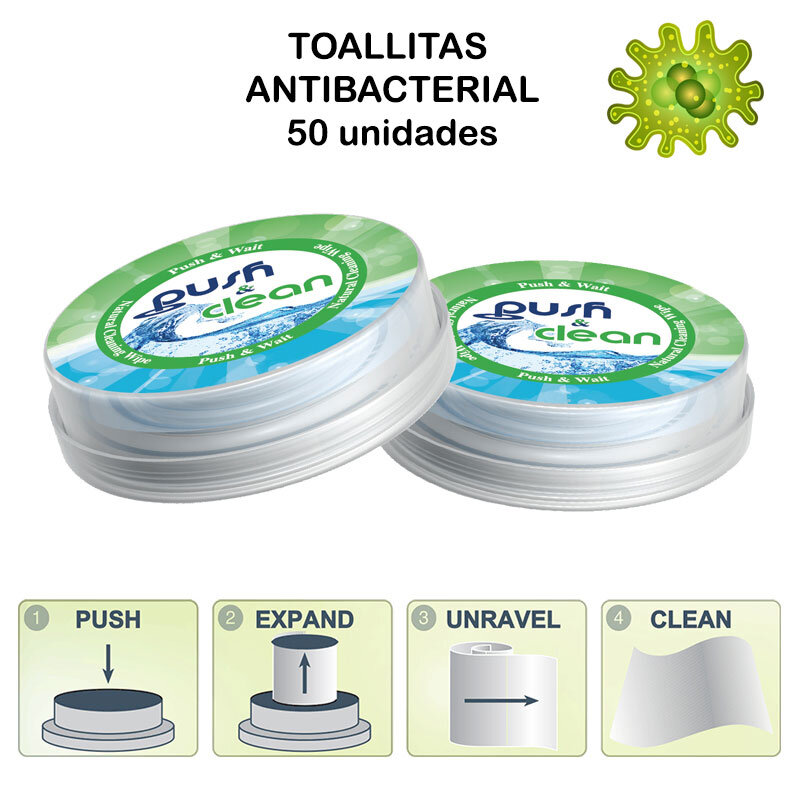 Toallitas Desinfectantes Push Clean 50und.Muy practicas para usarlas en cualquier lugar .100% naturales.Dermatologicamente testa