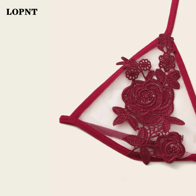 Conjunto de sujetador LOPNT Sexy para mujer, ropa de stripper, conjunto de lencería transparente con apliques de flores rojas, sujetador floral femenino, ropa interior de encaje