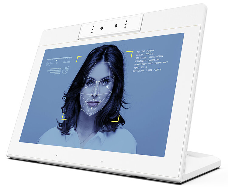 Pantalla de escritorio inteligente Android de 10 pulgadas con cámara Binocular, ideal para reconocimiento facial, reunión de sala interior.