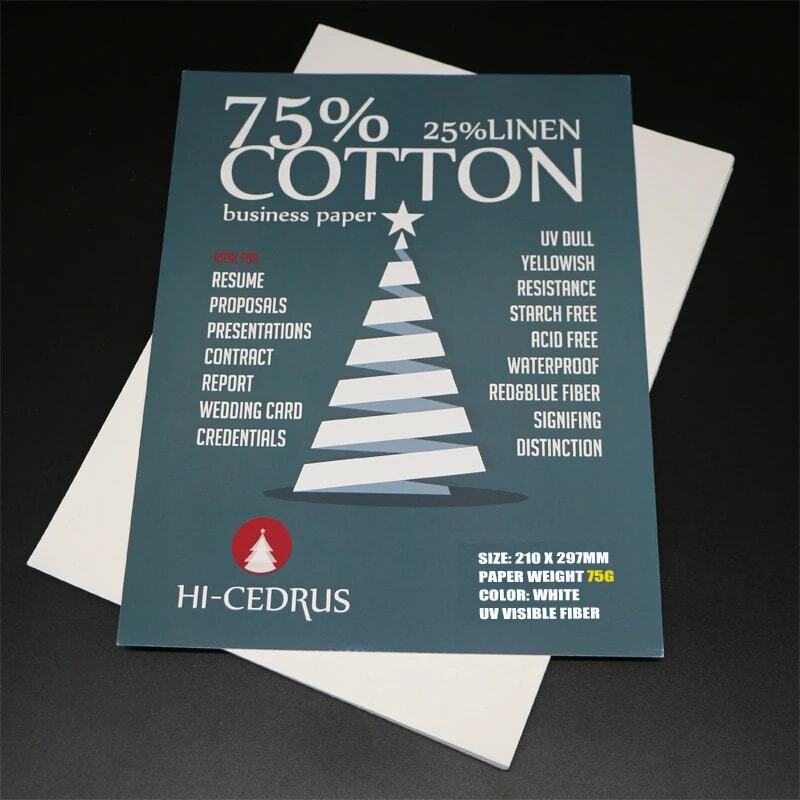 75gsm,75% cotton 25% linen paper, A4 size 210*297mm,White color,UV invisible fiber,starch-free,Waterproof, 10 sheets GCYT014