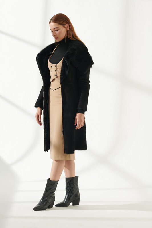 Casacos de corte feminino genuína pele de carneiro e pele de inverno casacos quentes nova temporada design vestuário produtos clássico cor preta
