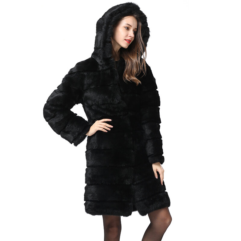 Prawdziwe futro z królika płaszcz z kapturem sprzedaż nowa w dłuższym stylu zimowa damska skóra naturalna luksusowa czarna gruba ciepła kurtka z całej skóry