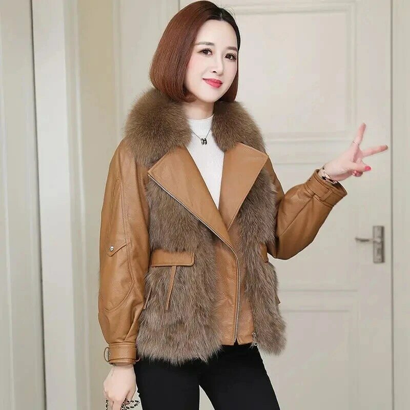 Casaco curto de pele sintética para inverno, jaqueta de couro imitação de pele de ovelha, jaqueta casual, pele de raposa glamourosa, novo estilo, 2023