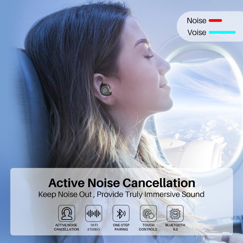 Fones de ouvido Bluetooth TOZO NC9 com cancelamento de ruído ativo híbrido, fones de ouvido Bluetooth com som envolvente, graves profundos premium, 40 horas de reprodução