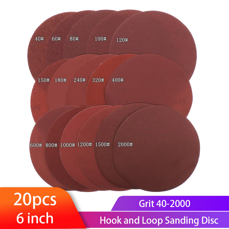 20 buah 6 inci 150mm bulat merah amplas Disk pasir lembaran Grit 40-2000 Hook Loop pengamplasan Disc perekat diri untuk amplas Grit