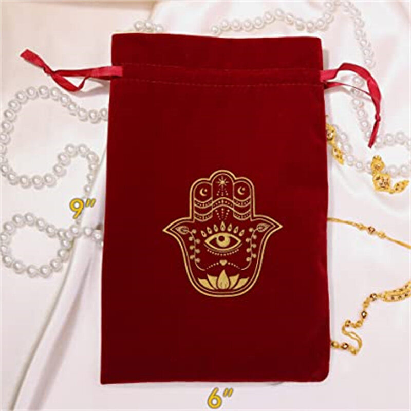 SheepSew 6x9" Velvet Jewelry Pouch Gift Bags, Fatima Hand Evil Eye Velvet Drawstring Bags, Tarot Rune bag, Dice Bag, Travel Bags