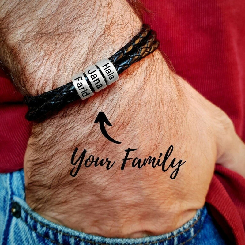 Custom Genuine Leather Mens Bracelets Personalized Laser Engraving Family Children Names 3 Layer Bracelet Father's Day Gift