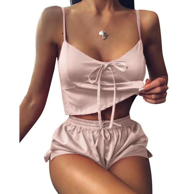 Conjunto sexy lingerie de cetim feminina, 2 peças, roupa para dormir, babydoll, pijamas, faixa de cor sólida, conjunto de renda