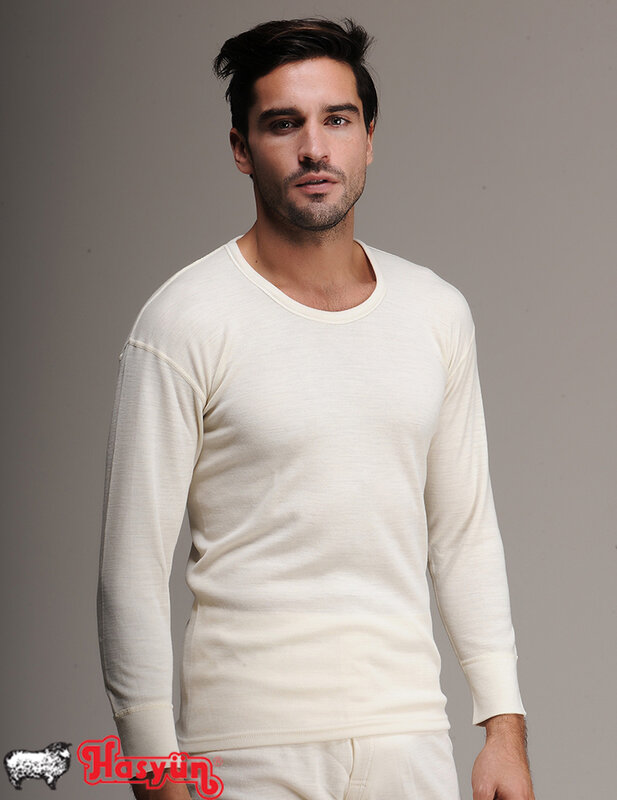 Camisa interior de manga larga de lana para hombre, ropa interior con certificado de mezcla de lana, para clima frío, lana natural