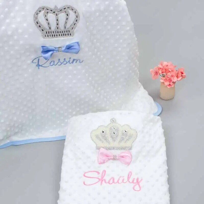Nome do bebê bordado cobertor personalizado bebê rei rainha bebês meninas meninos coroa em relevo capa de edredão swaddle modelo da criança