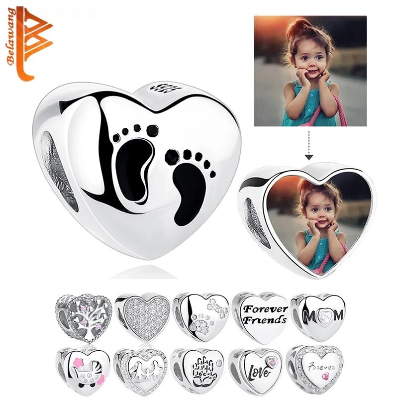 Abalorios románticos de corazón con foto personalizada, aptos para Pulsera Original, collar de plata de ley 925, fabricación de joyas DIY