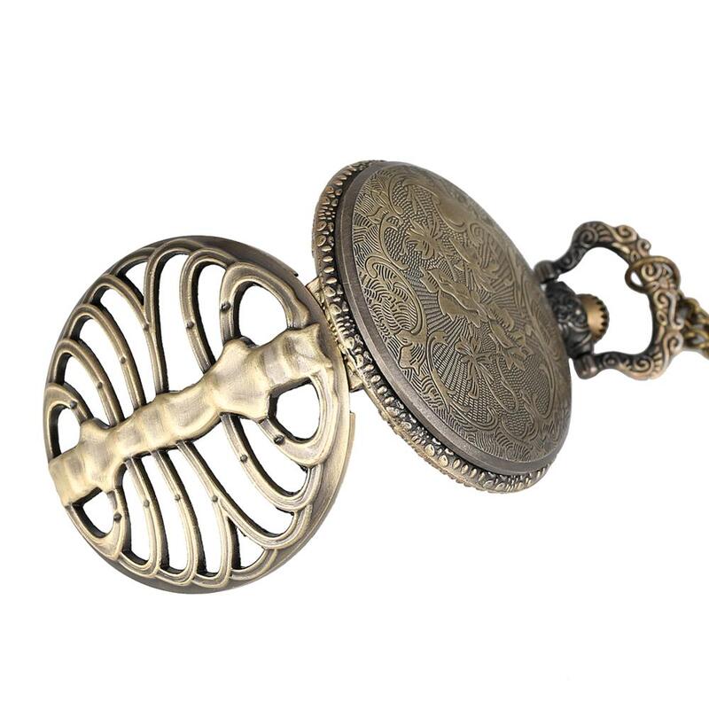 Antique Steampunk Bronze Spine Ribs Hollow Quartz Pocket Watch chain Necklace Pendant sweater chain Vintage Gifts for men women