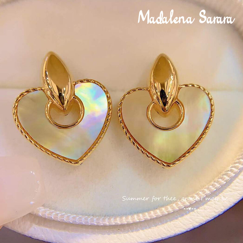 MADALENA SARARA-pendientes de oro puro de 18k para mujer, aretes con incrustaciones de concha, estilo Corazón, hechos a mano, Au750