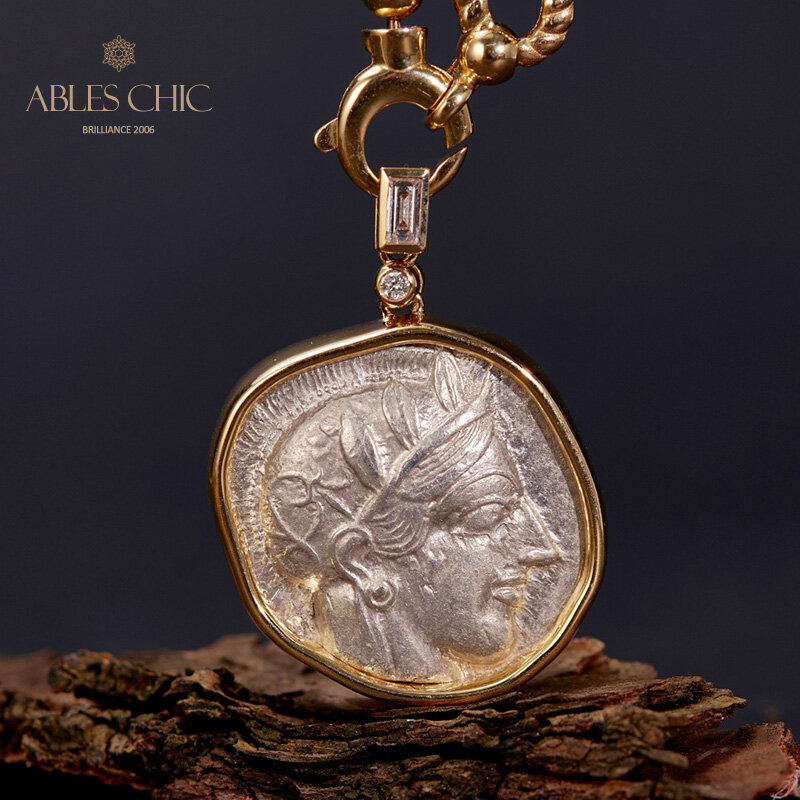 Византийское золото 18 карат Подлинная древняя Лира Афина монета кулон бриллиант 0.23ct артефакт двустороннее медальон ожерелье 46,51 г
