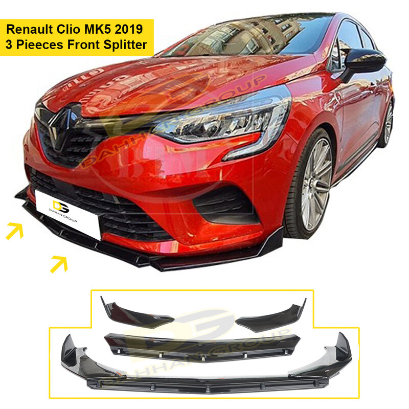 Renault clio mk5 2019 lábio dianteiro/divisor 3 peças gloss/piano preto plástico asa dianteira spoiler carro accessoreis