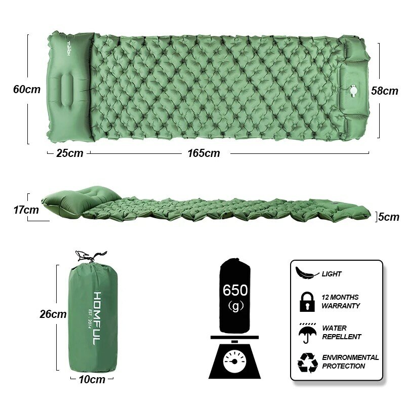 Almofada de dormir homful para camping auto inflar tapete de dormir ultraleve com bomba de pé inflação rápida à prova d' água para caminhadas
