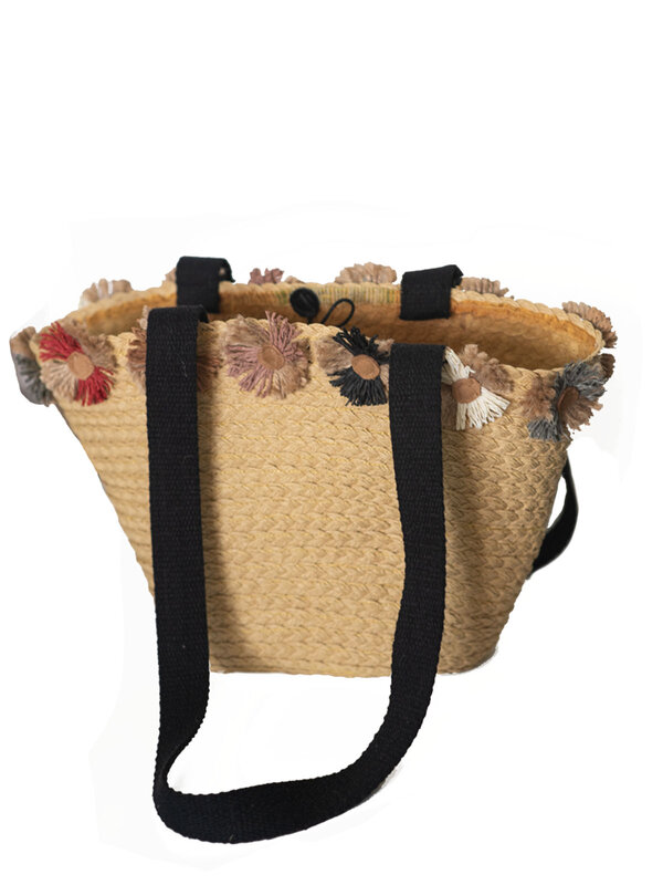 Saco de palha boêmio margarida colorida detalhada feito à mão | saco de cesta | bolsa de palha de praia de verão | sacola de compras