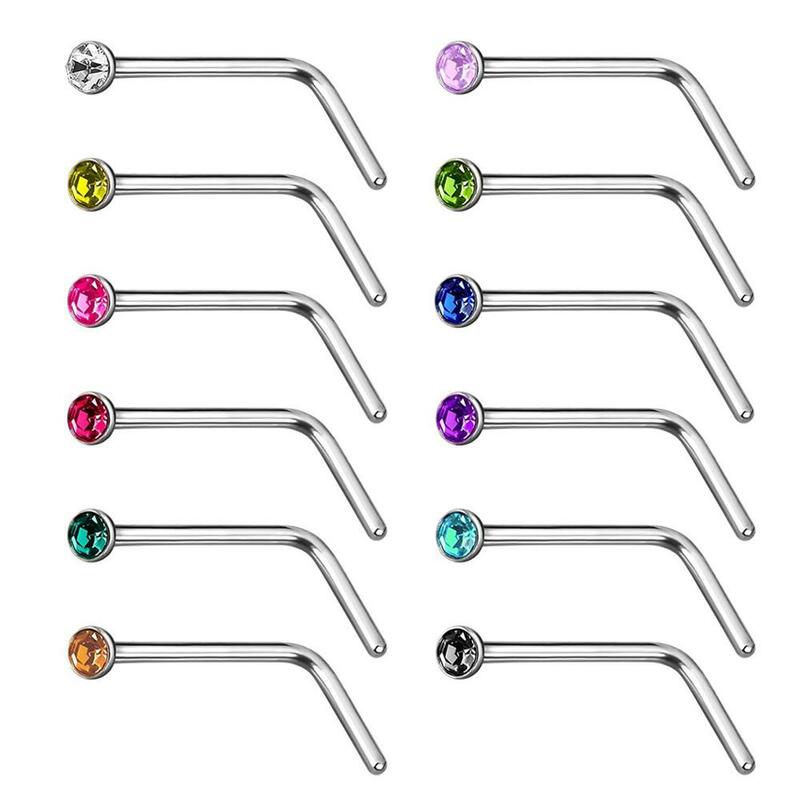 40/60pc/set Stainless Steel Piercing Lot L-shape Nose Stud 20g Crystal Straight Stud Nose Ring Set Simple Piercing Jewelry