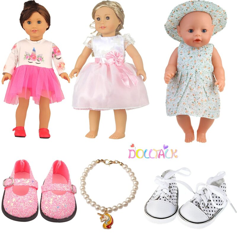 Boneca roupas conjunto 3 vestido + 2 sapatos + 1 acessórios para americano 18 Polegada menina boneca princesa vestido para 43cm recém nascido, diy, og, boneca menina