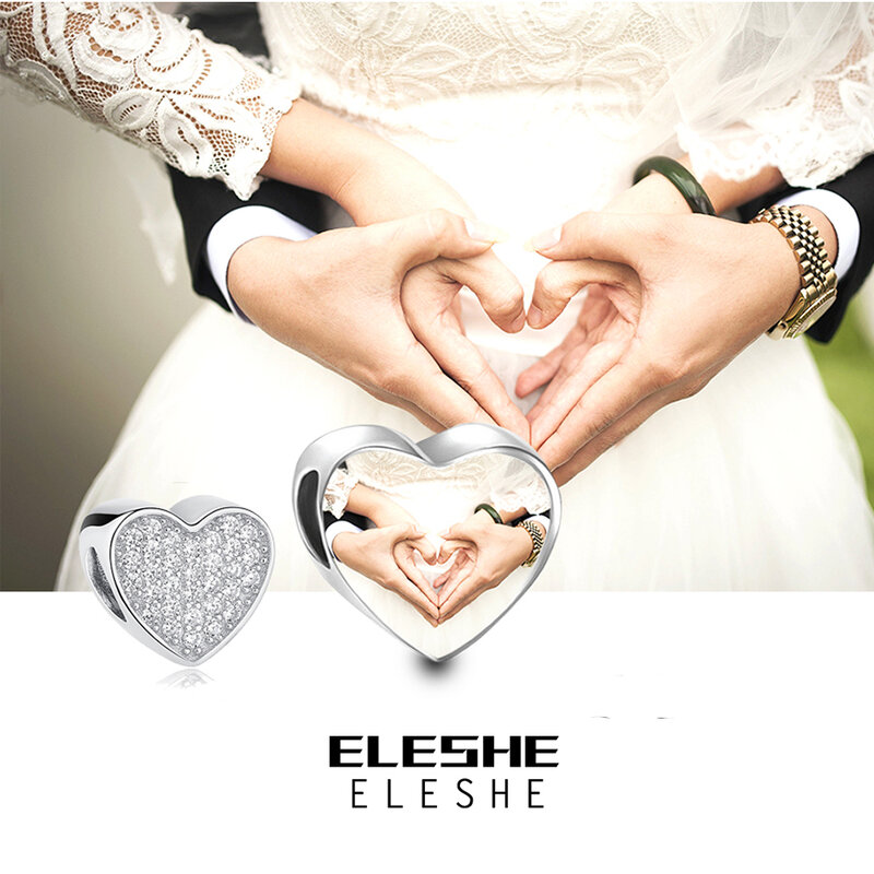 ELESHE 100% Authentic 925 Sterling Silver Bead Charm Fit Original Bracelet Bangle DIY Custom Photo Heart Beads Jewelry Making