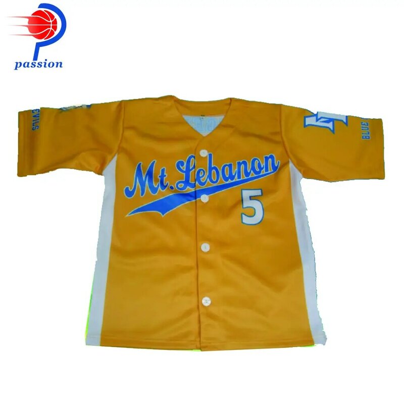 Moq 10 pces $26 cada teamwear personalizado tintura sublimação 100% poliéster amarelo camisa de beisebol no.5
