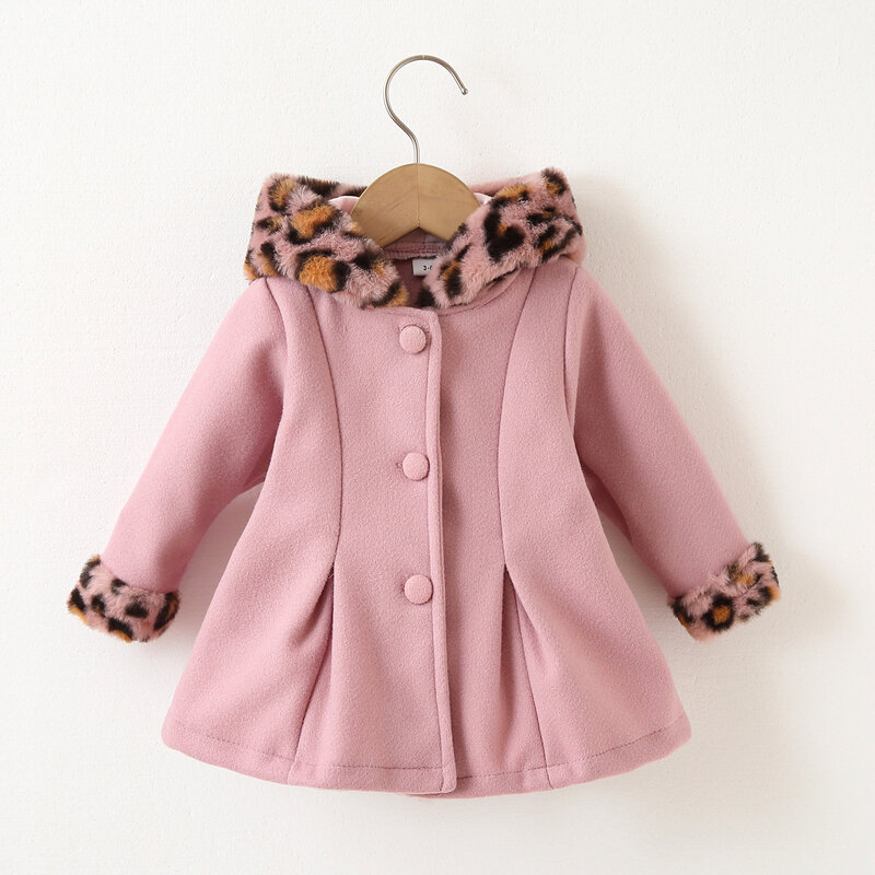 Patpat bebê vermelho botão de manga comprida para baixo casaco de lã com capuz leopardo