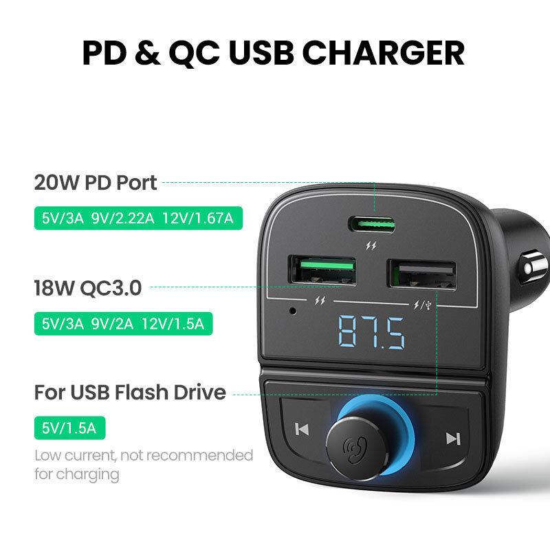 UGREEN-cargador de coche de carga rápida 4,0 para teléfono, transmisor FM, Bluetooth, Kit de reproductor de Audio MP3, USB Dual, cargador de teléfono para coche