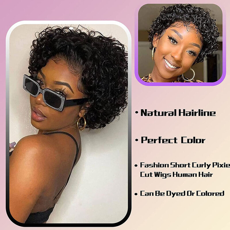 Perruque Afro naturelle bouclée, coupe Pixie, cheveux humains, bon marché, entièrement faite à la Machine, pour femmes noires