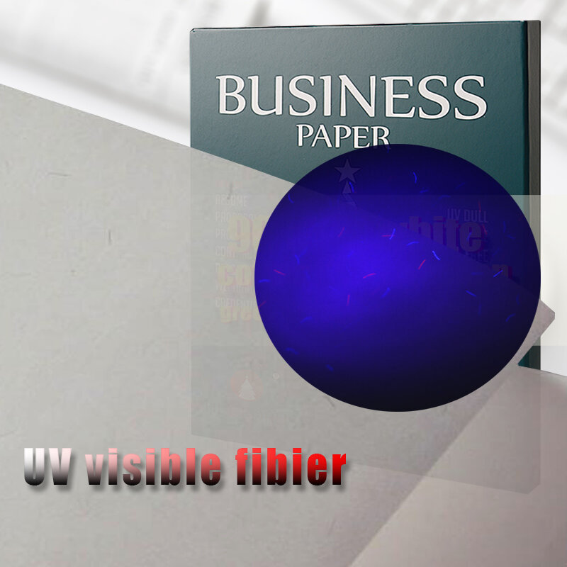Papel de negocios A4 90gsm, 210x297mm, color blanco con hilo verde de fibra invisible UV, 100 hojas, GCYT019