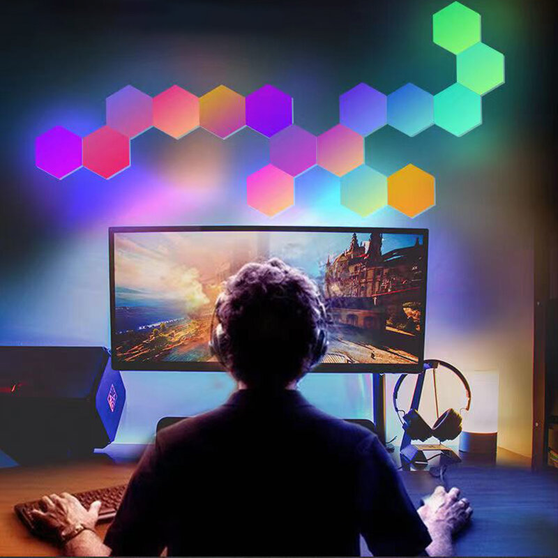 Luz LED hexagonal cuántica RGB con Bluetooth, Control remoto por aplicación, luz de pared interior, luz nocturna para computadora, sala de juegos, dormitorio, cabecera