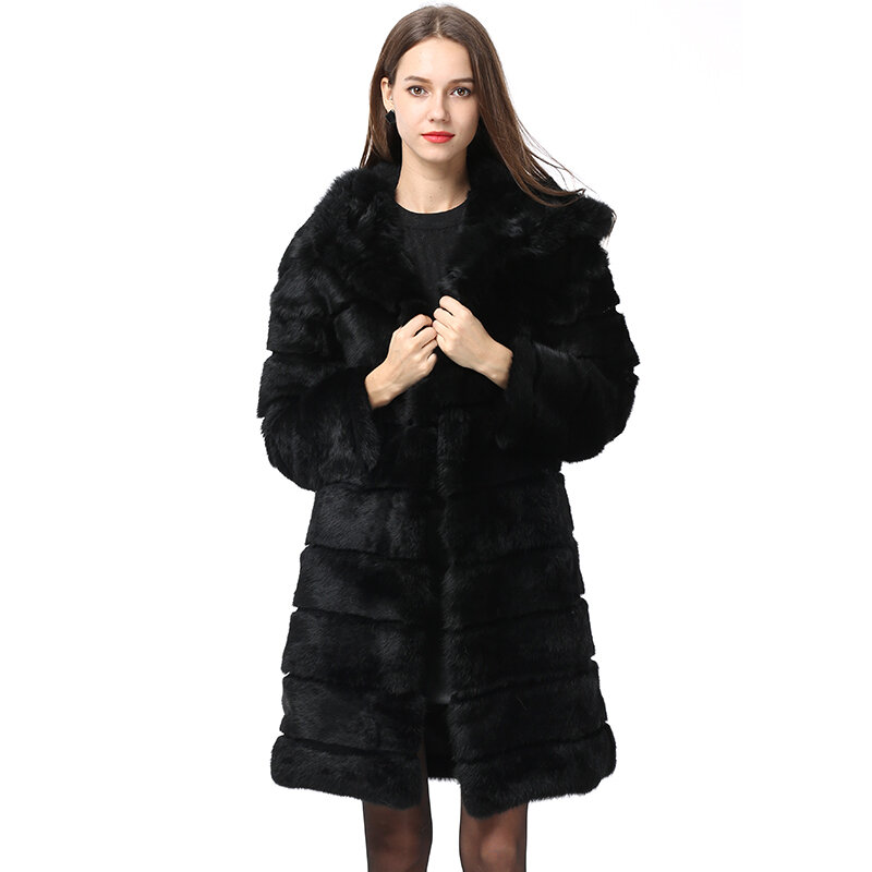 Abrigo de piel de conejo Real con capucha para mujer, chaqueta gruesa y cálida de cuero Natural de lujo, estilo largo, para invierno