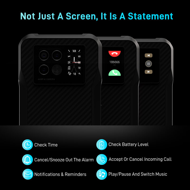 DOOGEE V20 هاتف قوي بشاشة مقاس 6.43 بوصة بتقنية FHD AMOLED شاشة عرض خلفية مبتكرة هاتف قوي سعة 8 + 256 جيجابايت وكاميرا بدقة 64 ميجابكسل بطارية 6000 مللي أمبير في الساعة