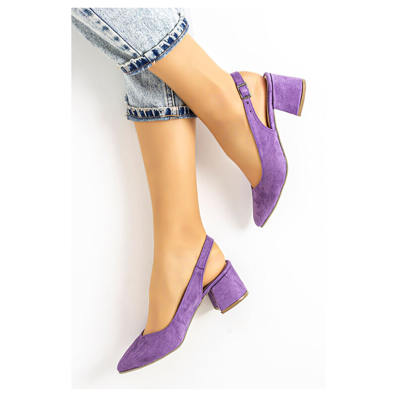 Lilac Suede Ankle Strap Women Sandals Pointed Toe Heels for Women Thick Heel Pumps for Women 7 cm Heels Women Ladies Pumps