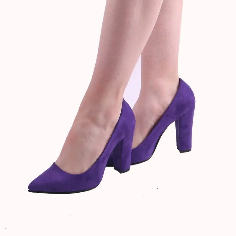 Sapatos de salto alto de camurça roxa para mulher sapatos de salto alto sandálias de salto bloco mulher bomba sapatos de dedo do pé fechado tamanho grande 34-45
