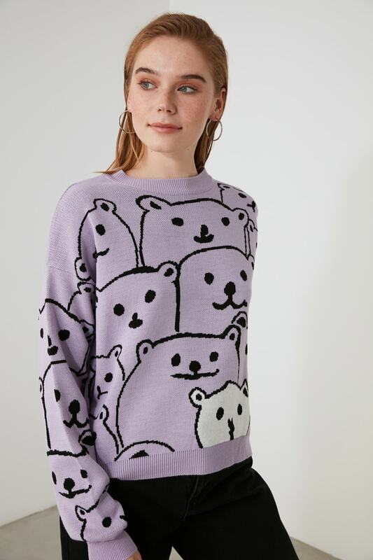 Camisola de malhas estampada dos ursos jacquard de lila