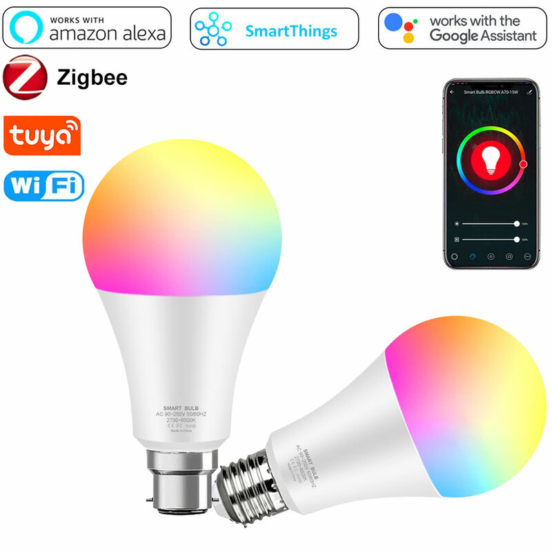 Tuya Zigbee E27 LED 스마트 전구, RGB 색상 변경, 와이파이 스마트 라이트 앱, 12W, 15W, 알렉사 구글 홈과 호환, B22
