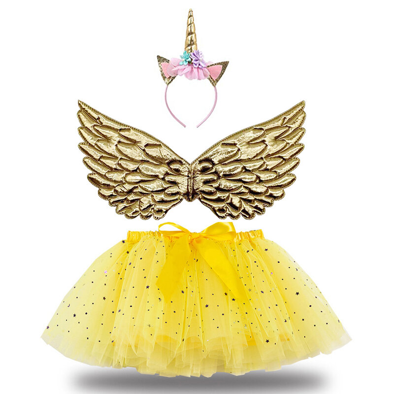 Meisje Verjaardagsfeestje Kostuum Eenhoorn Hoorn Hoofdband Leuke Fee Vleugel En Sparkle Tutu Rok Set Voor Prinses Cosplay Outfit