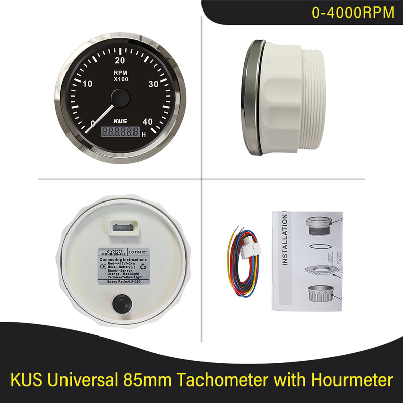 KUS-tacómetro para motor diésel, medidor de RPM, Contador de revoluciones, 3K, 4 RPM, 6K, 8K, con contador de horas, retroiluminación roja y amarilla, 12V y 24V