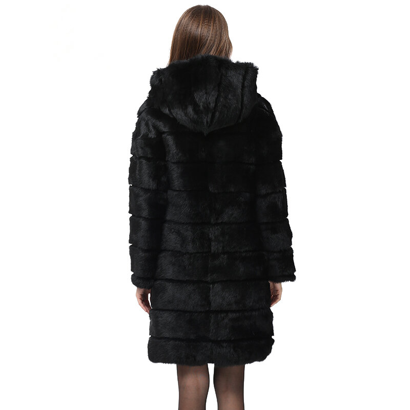 진짜 토끼 모피 코트 후드 판매 새로운 긴 스타일 겨울 여성의 천연 가죽 럭셔리 블랙, 두껍고 따뜻한 전체 피부 모피 재킷