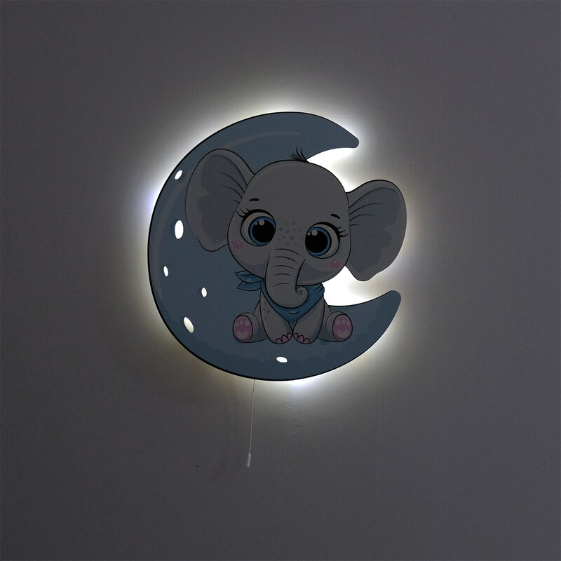 Niebieski słoń siedzi księżyc drewniany wzór oświetlenie dekoracyjne nowoczesne sypialnia kinkiety Led oświetlenie nocne 2021 Model 004