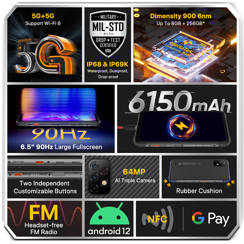 UMIDIGI-BISON GT2 Smartphone Robusto, Telefone Inteligente, IP68, Android 12, Dimensão 900, 6.5 "FHD +, Câmera de 64MP, Bateria 6150mAh, 90Hz, NFC