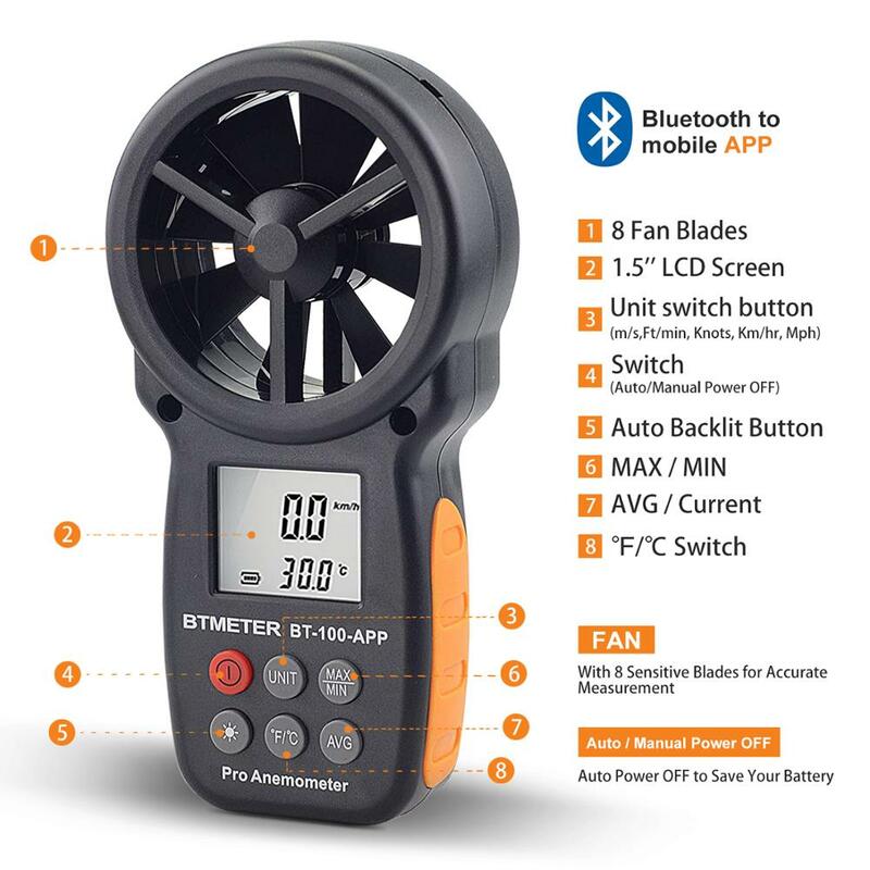 BTMETER BT-100-APP, anemómetro Digital con aplicación móvil, medidor de medición de velocidad del viento, herramientas de prueba de temperatura