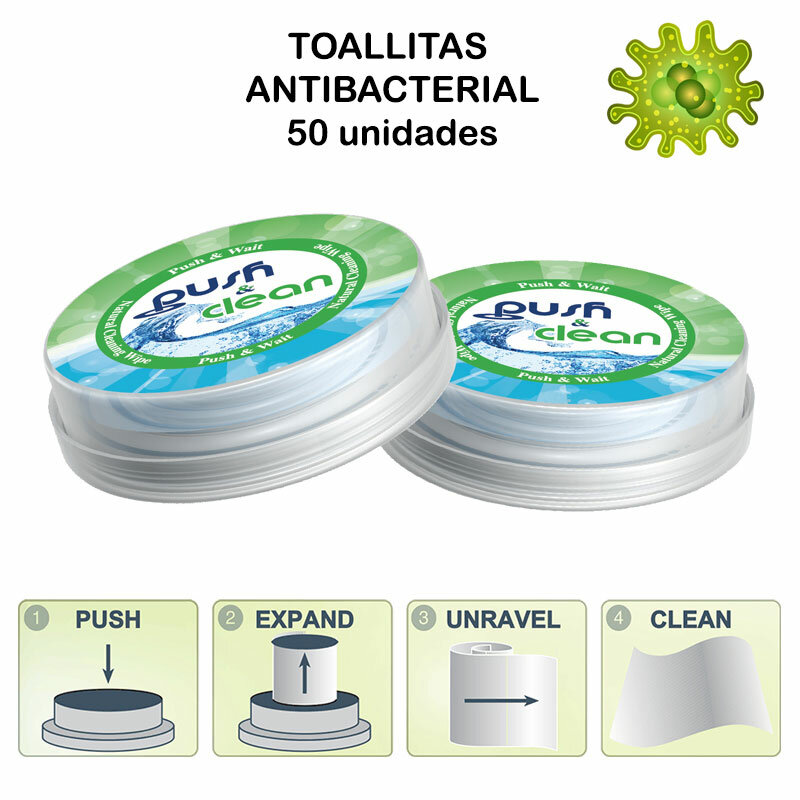 Toalhetes desinfetantes PUSH CLEAN ODOR ROCHE (perfume) 50 unidades. 100% natural. Fácil de usar. Testado dermatologicamente