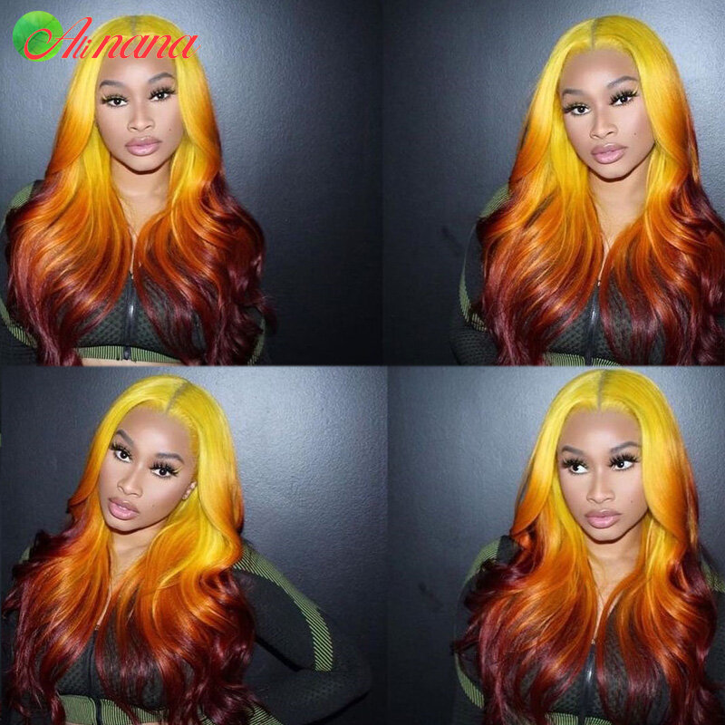 Peluca de cabello humano malayo prearrancado para mujeres negras, Color ombré amarillo, naranja y rojo, 3 tonos, 13x4, 150% de densidad