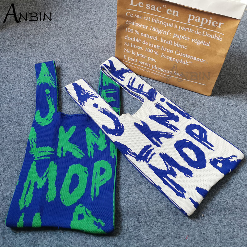 Sacos de pulso de ombro feminino tecido de malha alfabeto graffiti padrão tote casual tecer bolsa feminina saco de compras com alça