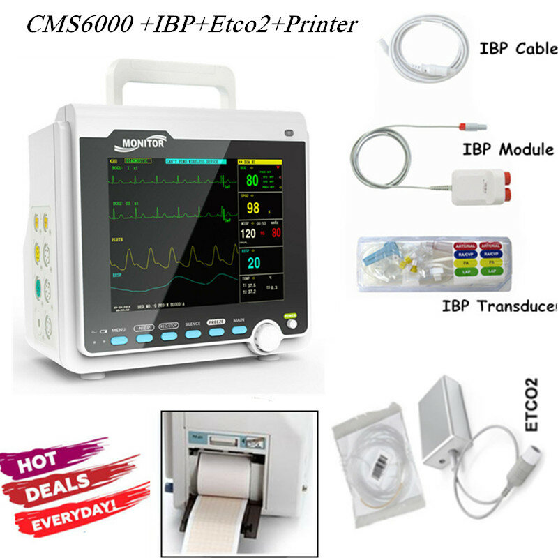 CONTEC Capnograph Etco2 CMS6000 Multi Parameters Patient Monitor 8'' Vital Signs Monitor with IBP and Printer